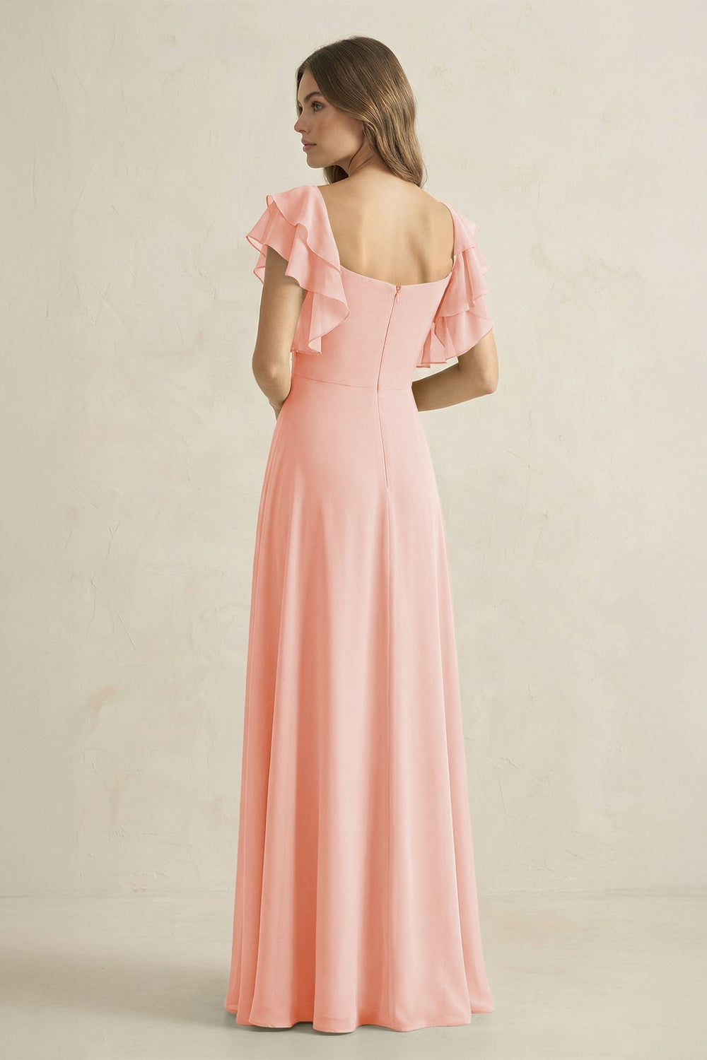 Ruffled Sleeves A-Line Chiffon Bridesmaid Dress in Rose Petal - KissProm BRIDESMAID DRESSES