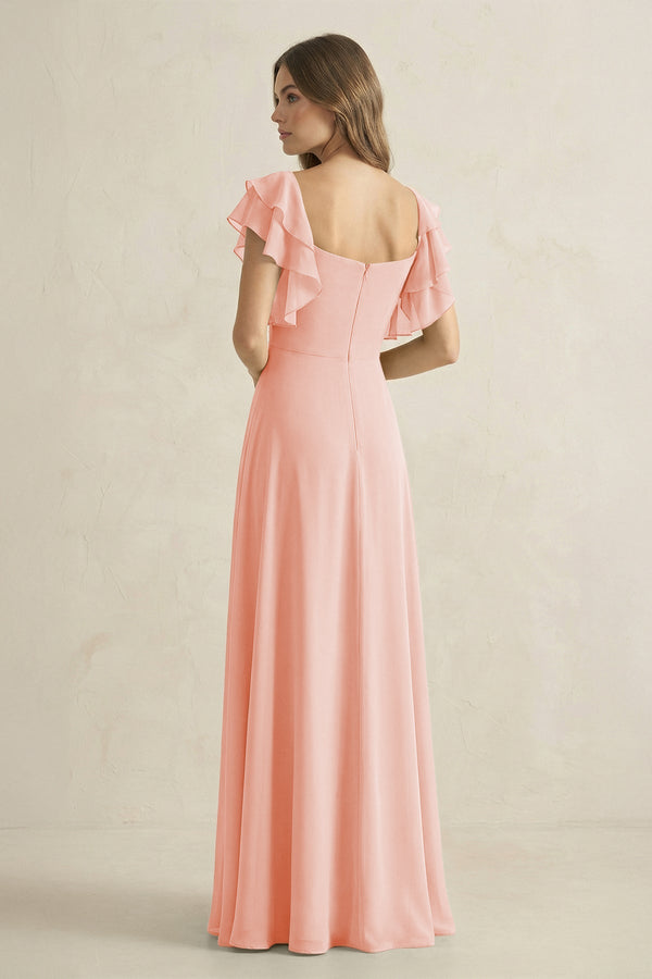 Ruffled Sleeves A-Line Chiffon Bridesmaid Dress in Rose Petal - KissProm BRIDESMAID DRESSES