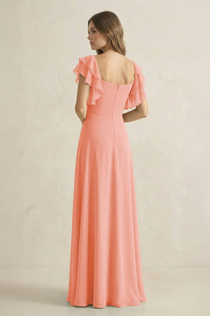 Ruffled Sleeves A-Line Chiffon Bridesmaid Dress in Rosette - KissProm BRIDESMAID DRESSES