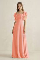 Ruffled Sleeves A-Line Chiffon Bridesmaid Dress in Rosette - KissProm BRIDESMAID DRESSES