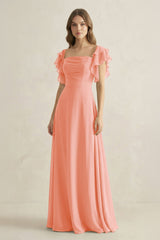 Ruffled Sleeves A-Line Chiffon Bridesmaid Dress in Rosette - KissProm BRIDESMAID DRESSES