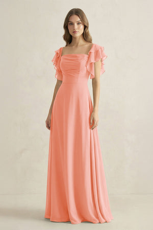 Ruffled Sleeves A-Line Chiffon Bridesmaid Dress in Rosette - KissProm BRIDESMAID DRESSES
