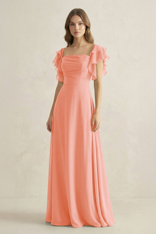 Ruffled Sleeves A-Line Chiffon Bridesmaid Dress in Rosette - KissProm BRIDESMAID DRESSES