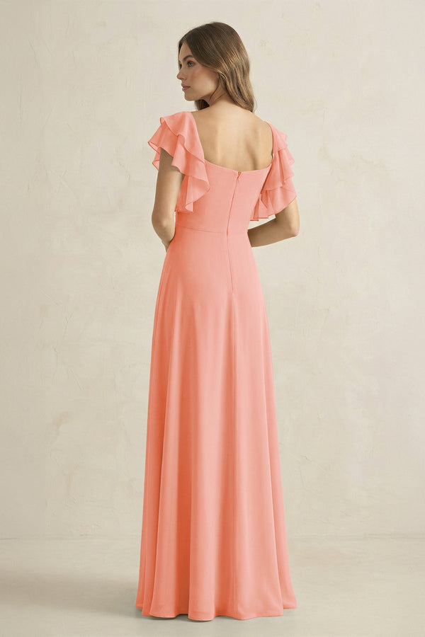 Ruffled Sleeves A-Line Chiffon Bridesmaid Dress in Rosette - KissProm BRIDESMAID DRESSES