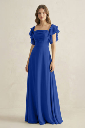Ruffled Sleeves A-Line Chiffon Bridesmaid Dress in Royal Blue - KissProm BRIDESMAID DRESSES