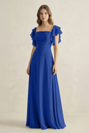 Ruffled Sleeves A-Line Chiffon Bridesmaid Dress in Royal Blue - KissProm BRIDESMAID DRESSES