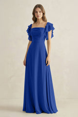 Ruffled Sleeves A-Line Chiffon Bridesmaid Dress in Royal Blue - KissProm BRIDESMAID DRESSES
