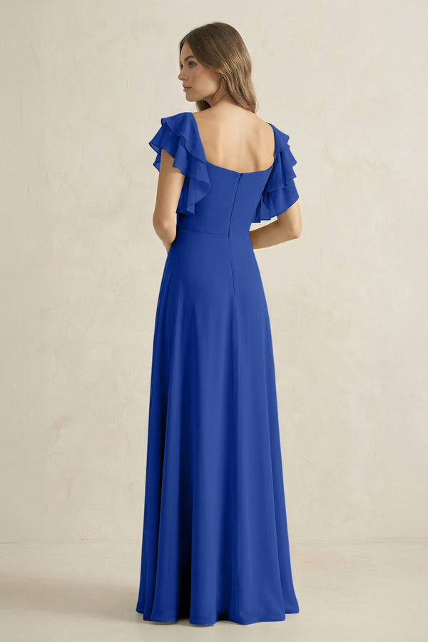 Ruffled Sleeves A-Line Chiffon Bridesmaid Dress in Royal Blue - KissProm BRIDESMAID DRESSES