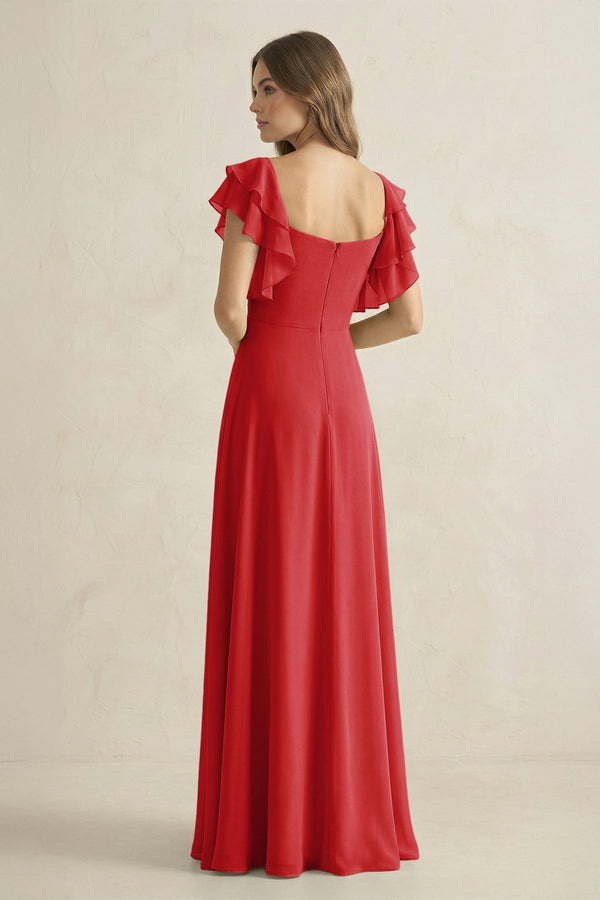 Ruffled Sleeves A-Line Chiffon Bridesmaid Dress in Ruby Red - KissProm BRIDESMAID DRESSES