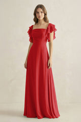 Ruffled Sleeves A-Line Chiffon Bridesmaid Dress in Ruby Red - KissProm BRIDESMAID DRESSES