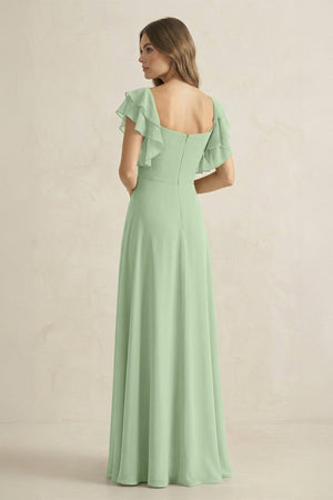Ruffled Sleeves A-Line Chiffon Bridesmaid Dress in Sage - KissProm BRIDESMAID DRESSES