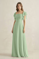 Ruffled Sleeves A-Line Chiffon Bridesmaid Dress in Sage - KissProm BRIDESMAID DRESSES