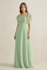 Ruffled Sleeves A-Line Chiffon Bridesmaid Dress in Sage - KissProm BRIDESMAID DRESSES