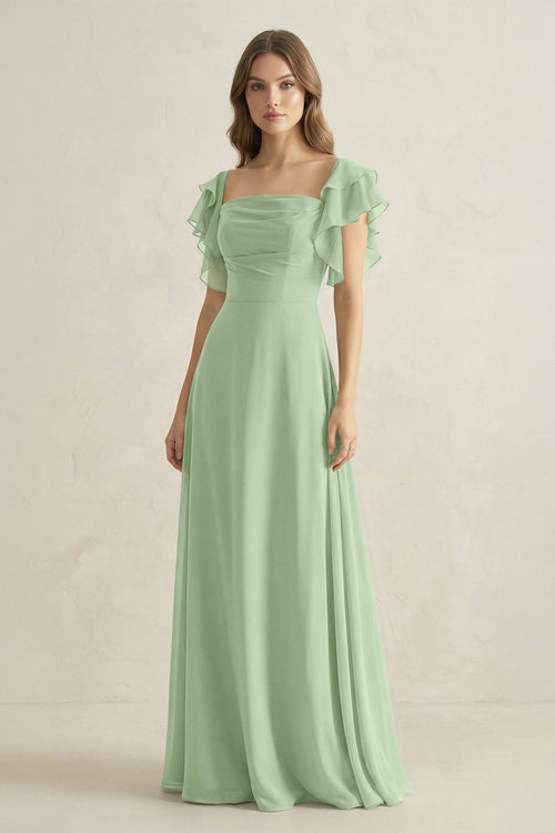 Ruffled Sleeves A-Line Chiffon Bridesmaid Dress in Sage - KissProm BRIDESMAID DRESSES
