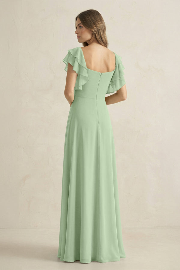 Ruffled Sleeves A-Line Chiffon Bridesmaid Dress in Sage - KissProm BRIDESMAID DRESSES