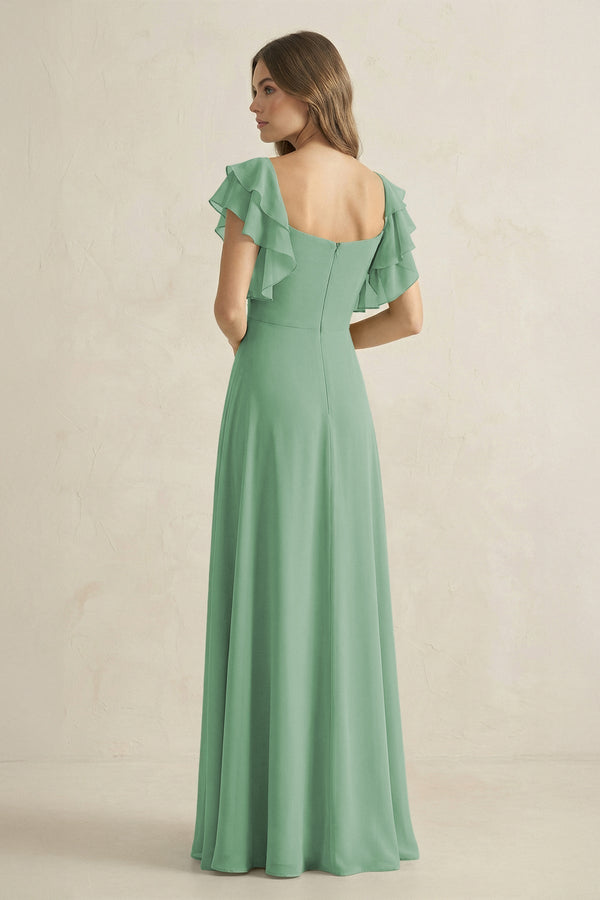 Ruffled Sleeves A-Line Chiffon Bridesmaid Dress in Sea Glass - KissProm BRIDESMAID DRESSES