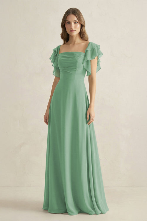 Ruffled Sleeves A-Line Chiffon Bridesmaid Dress in Sea Glass - KissProm BRIDESMAID DRESSES