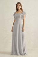 Ruffled Sleeves A-Line Chiffon Bridesmaid Dress in Silver - KissProm BRIDESMAID DRESSES