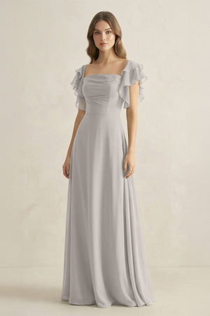 Ruffled Sleeves A-Line Chiffon Bridesmaid Dress in Silver - KissProm BRIDESMAID DRESSES