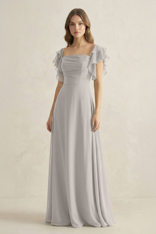 Ruffled Sleeves A-Line Chiffon Bridesmaid Dress in Silver - KissProm BRIDESMAID DRESSES