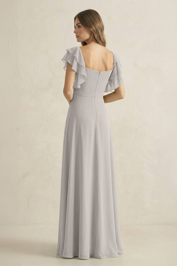 Ruffled Sleeves A-Line Chiffon Bridesmaid Dress in Silver - KissProm BRIDESMAID DRESSES