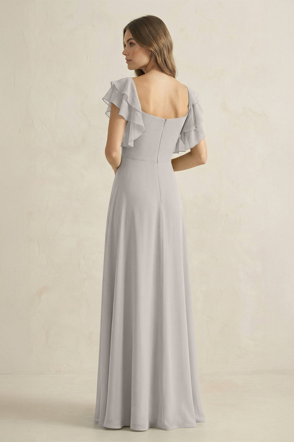 Ruffled Sleeves A-Line Chiffon Bridesmaid Dress in Silver - KissProm BRIDESMAID DRESSES