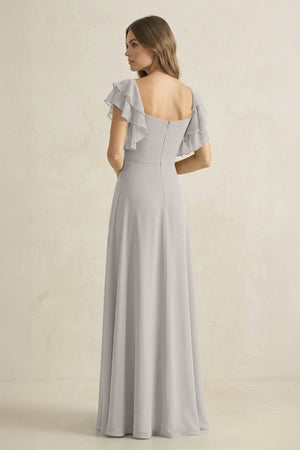 Ruffled Sleeves A-Line Chiffon Bridesmaid Dress in Silver - KissProm BRIDESMAID DRESSES