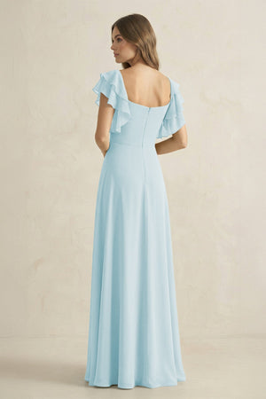 Ruffled Sleeves A-Line Chiffon Bridesmaid Dress in Sky Blue - KissProm BRIDESMAID DRESSES