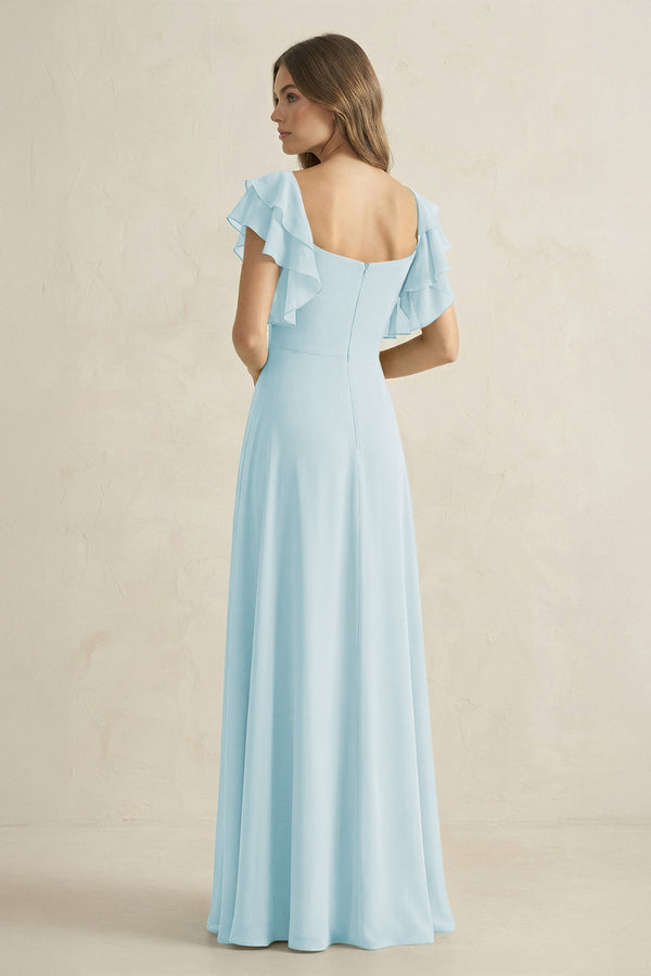Ruffled Sleeves A-Line Chiffon Bridesmaid Dress in Sky Blue - KissProm BRIDESMAID DRESSES