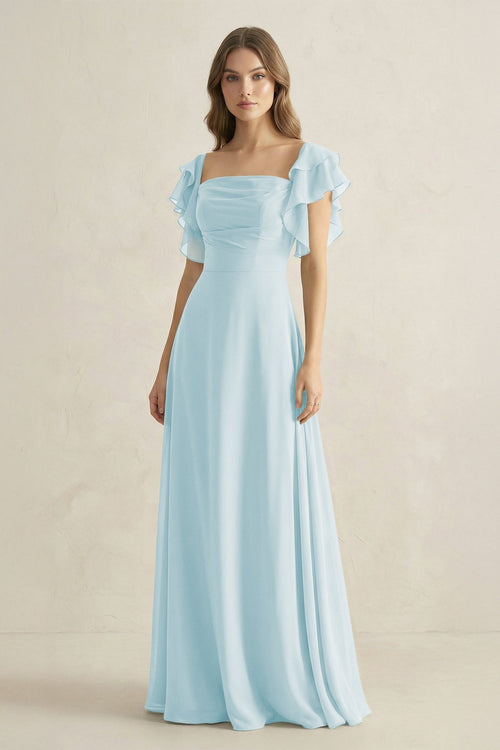 Ruffled Sleeves A-Line Chiffon Bridesmaid Dress in Sky Blue - KissProm BRIDESMAID DRESSES