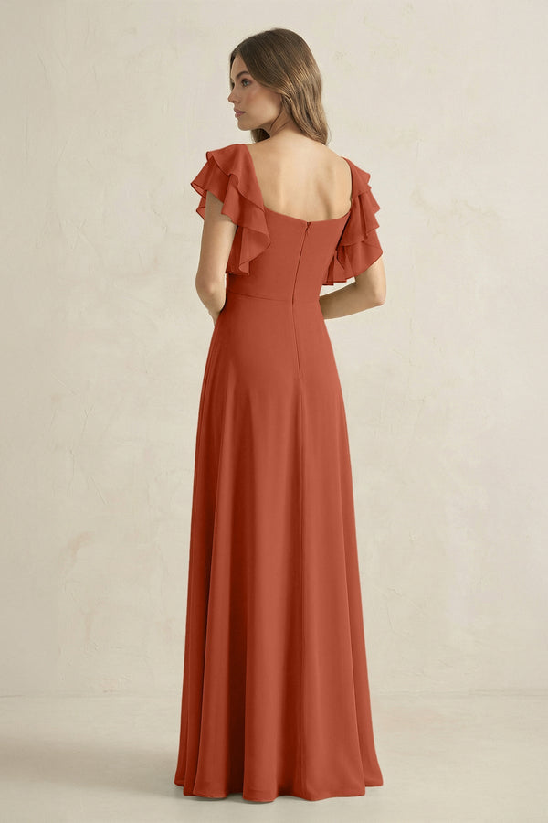 Ruffled Sleeves A-Line Chiffon Bridesmaid Dress in Spice - KissProm BRIDESMAID DRESSES