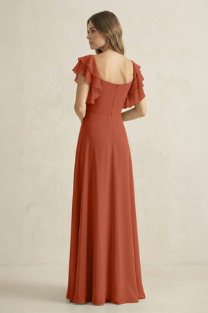 Ruffled Sleeves A-Line Chiffon Bridesmaid Dress in Spice - KissProm BRIDESMAID DRESSES