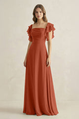 Ruffled Sleeves A-Line Chiffon Bridesmaid Dress in Spice - KissProm BRIDESMAID DRESSES