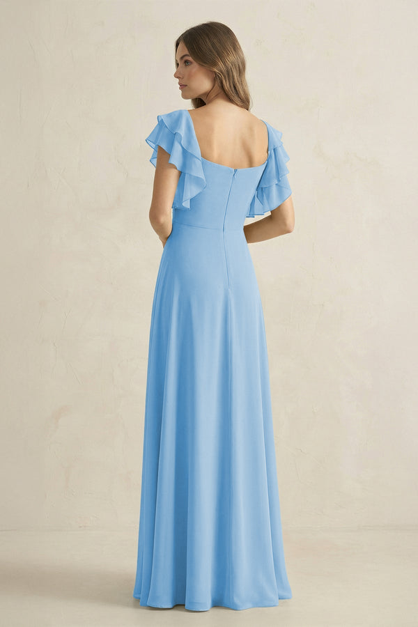 Ruffled Sleeves A-Line Chiffon Bridesmaid Dress in Steel Blue - KissProm BRIDESMAID DRESSES