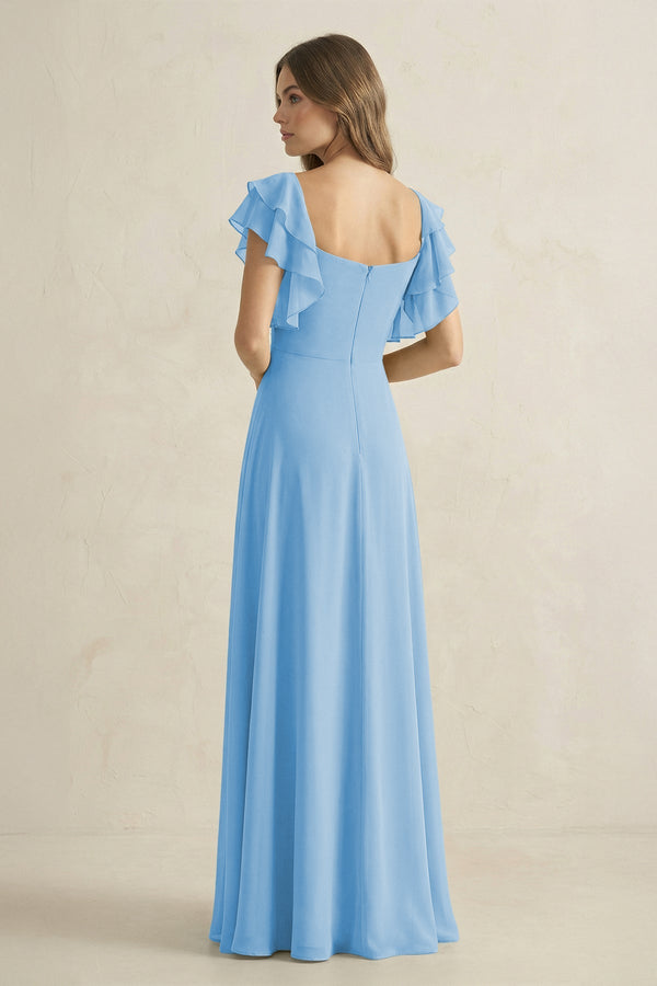 Ruffled Sleeves A-Line Chiffon Bridesmaid Dress in Steel Blue - KissProm BRIDESMAID DRESSES