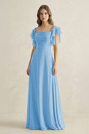 Ruffled Sleeves A-Line Chiffon Bridesmaid Dress in Steel Blue - KissProm BRIDESMAID DRESSES