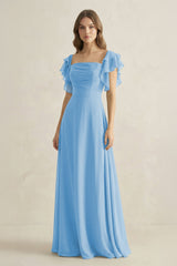 Ruffled Sleeves A-Line Chiffon Bridesmaid Dress in Steel Blue - KissProm BRIDESMAID DRESSES