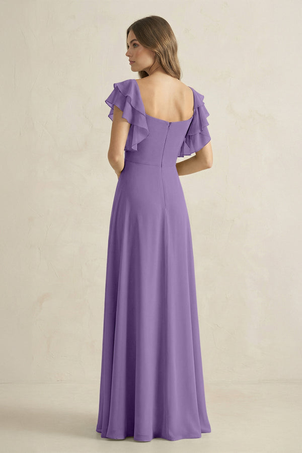 Ruffled Sleeves A-Line Chiffon Bridesmaid Dress in Tahiti - KissProm BRIDESMAID DRESSES