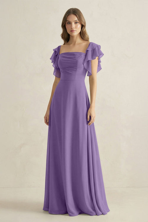 Ruffled Sleeves A-Line Chiffon Bridesmaid Dress in Tahiti - KissProm BRIDESMAID DRESSES