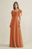 Ruffled Sleeves A-Line Chiffon Bridesmaid Dress in Terracotta - KissProm BRIDESMAID DRESSES