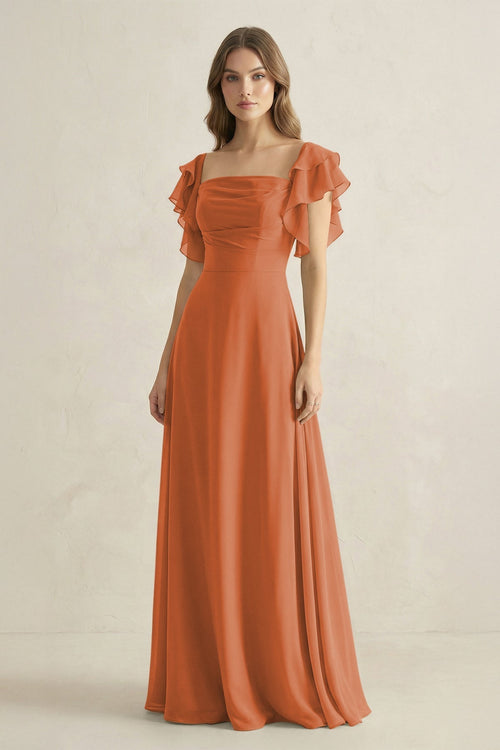 Ruffled Sleeves A-Line Chiffon Bridesmaid Dress in Terracotta - KissProm BRIDESMAID DRESSES