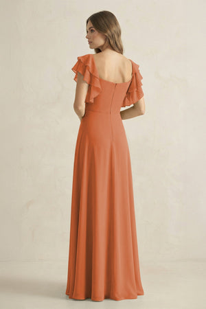 Ruffled Sleeves A-Line Chiffon Bridesmaid Dress in Terracotta - KissProm BRIDESMAID DRESSES