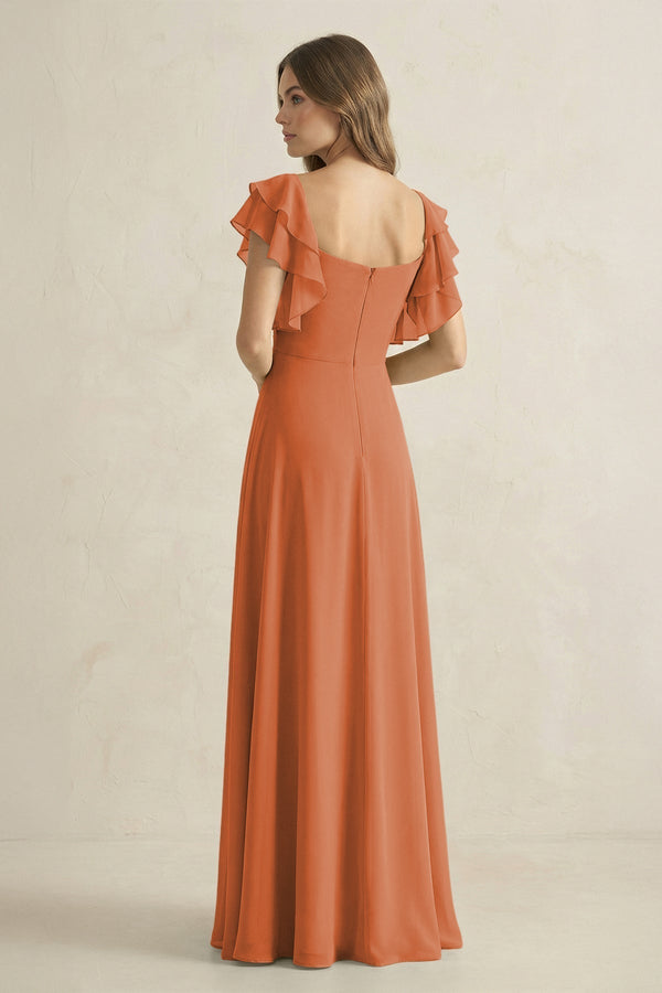 Ruffled Sleeves A-Line Chiffon Bridesmaid Dress in Terracotta - KissProm BRIDESMAID DRESSES