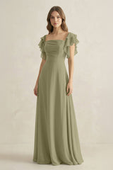 Ruffled Sleeves A-Line Chiffon Bridesmaid Dress in Thyme - KissProm BRIDESMAID DRESSES