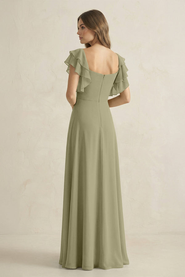 Ruffled Sleeves A-Line Chiffon Bridesmaid Dress in Thyme - KissProm BRIDESMAID DRESSES