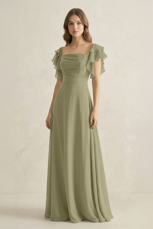 Ruffled Sleeves A-Line Chiffon Bridesmaid Dress in Thyme - KissProm BRIDESMAID DRESSES