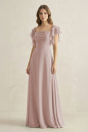Ruffled Sleeves A-Line Chiffon Bridesmaid Dress in Toffee - KissProm BRIDESMAID DRESSES