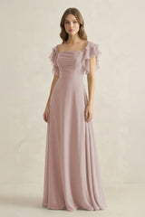 Ruffled Sleeves A-Line Chiffon Bridesmaid Dress in Toffee - KissProm BRIDESMAID DRESSES