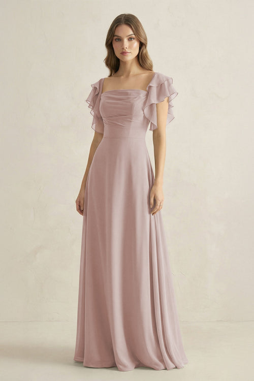 Ruffled Sleeves A-Line Chiffon Bridesmaid Dress in Toffee - KissProm BRIDESMAID DRESSES