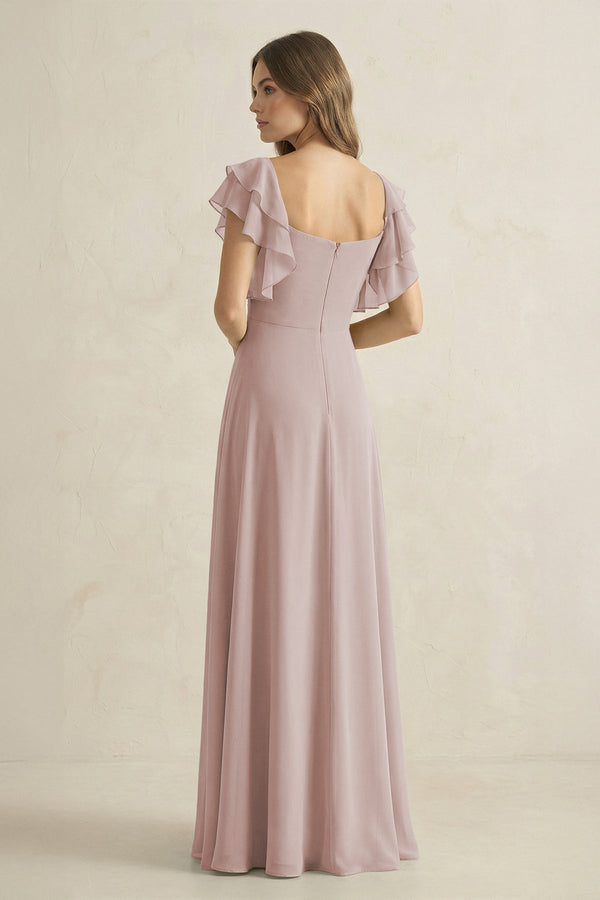 Ruffled Sleeves A-Line Chiffon Bridesmaid Dress in Toffee - KissProm BRIDESMAID DRESSES